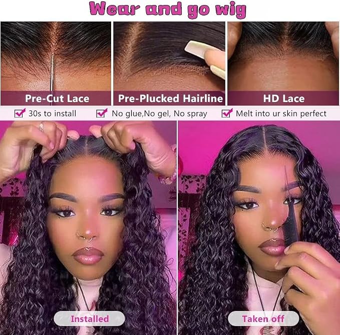 18 Inch Human Hair Water Wave Glueless Wig, Pre-Plucked Pre-Cut HD Lace Front, 180% Density, Ready-to-Wear Natural Look Wig for Black Women