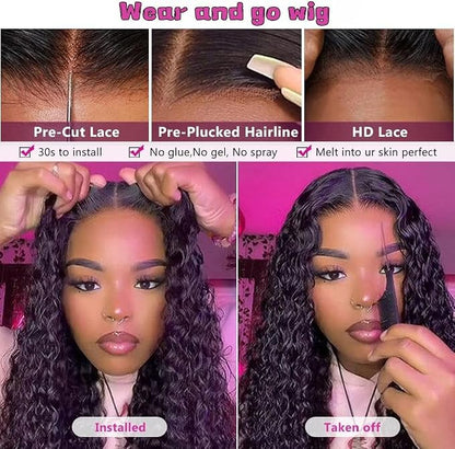 18 Inch Human Hair Water Wave Glueless Wig, Pre-Plucked Pre-Cut HD Lace Front, 180% Density, Ready-to-Wear Natural Look Wig for Black Women