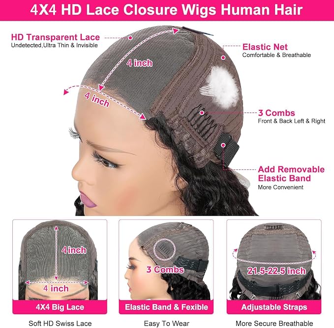 18 Inch Human Hair Water Wave Glueless Wig, Pre-Plucked Pre-Cut HD Lace Front, 180% Density, Ready-to-Wear Natural Look Wig for Black Women