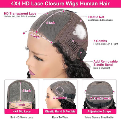 18 Inch Human Hair Water Wave Glueless Wig, Pre-Plucked Pre-Cut HD Lace Front, 180% Density, Ready-to-Wear Natural Look Wig for Black Women